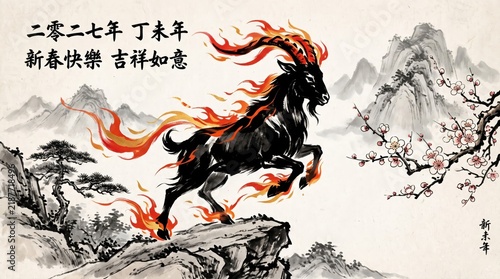 Majestic year of the goat chinese new year ink painting with blossoms and mountains for festive celebrations