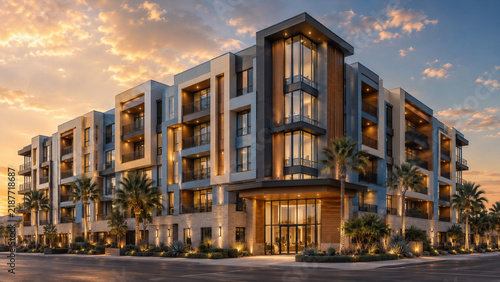 Luxury modern apartment building corner view at sunset with palm trees, ideal for real estate presentations and advertisements, featuring ample copy space, perfect for urban development, architecture