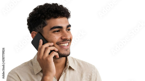 Happy young man talking on mobile smartphone isolated on transparent PNG background