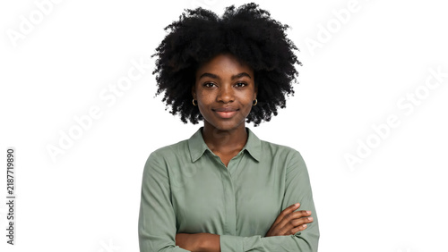 Confident young black woman smiling portrait isolated on transparent PNG background