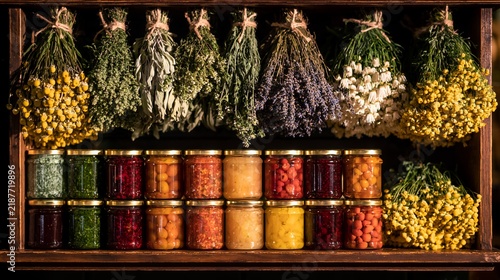 Vibrant preserved fruit in glass jars sits on a rustic wooden shelf beneath hanging dried herbs and flowers in a cozy, sunlit room.