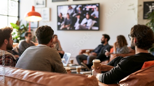 Employees sit on comfortable leather sofas in an office breakroom lounge during the day and watch a presentation on a screen while holding coffee cups and discussing work projects in a casual setting.