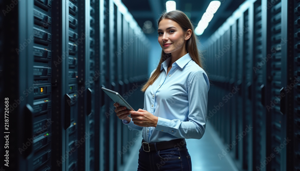 Fototapeta premium Professional woman in data center holding tablet while monitoring server performance, illuminated by blue lighting in rows of servers, highlighting technology and innovation in data management.