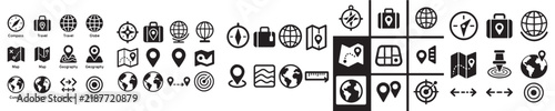 set of vector Location glyph icon set. Compass, travel, globe, map, geography, earth, distance, proximity minimal vector illustration. Simple silhouette sign for navigation