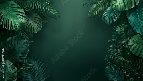Tropical palm leaves frame on dark green background