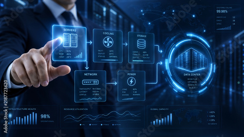 Businessman touching holographic data center management dashboard interface, ideal for technology presentations and advertisements, featuring ample copy space, perfect for cloud computing, IT