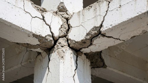 Damaged concrete column and beam junction shows significant structural cracks and spalling concrete. Building integrity is compromised, indicating failure risk and need for urgent repair assessment.