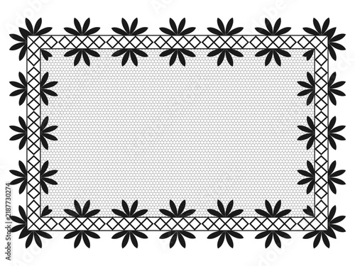 Cottagecore black lace rectangle frame with ornate floral doily border, victorian whimsical filigree mesh pattern, ideal for wedding invitation, greeting card and packaging design
