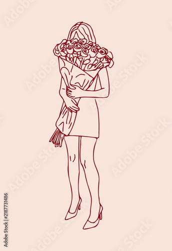Vector illustration: woman with a bouquet. Line drawing. Hand-drawn style. Bachelorette party. Bouquet of roses. Happy woman. Girls' party. Drawing of a happy woman. Smelling flowers. Giving flowers. 