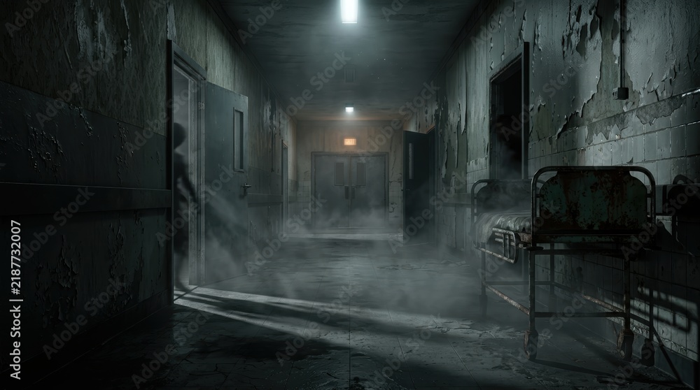 Obraz premium Haunted Abandoned Hospital Corridor with Rusted Gurney and Thick Fog, Cinematic Psychological Horror Banner with Copy Space