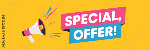 Special Offer Megaphone: A vibrant illustration featuring a megaphone emitting colorful bursts, announcing a Special Offer banner with bright, eye-catching colors and dynamic design elements.