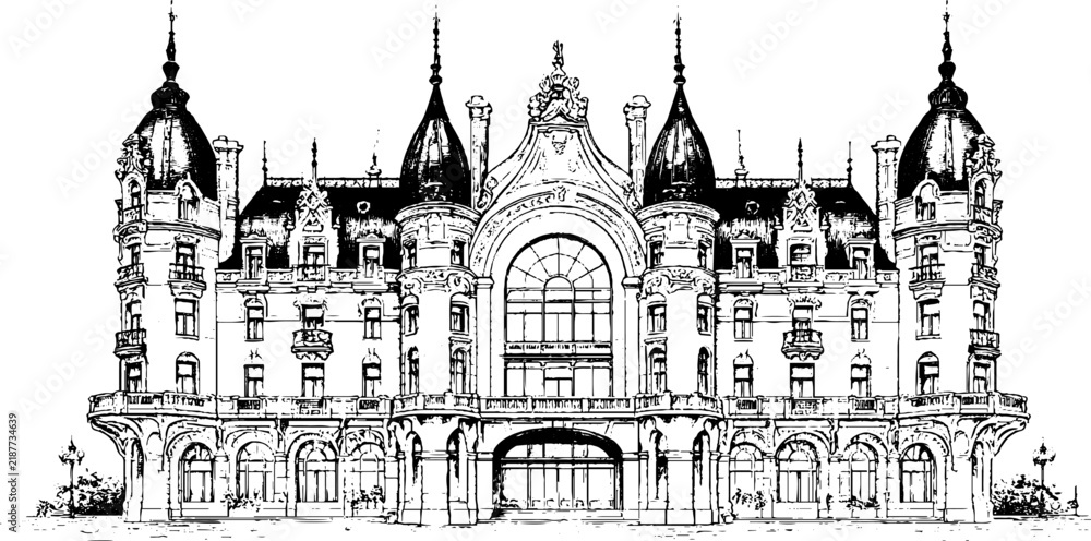 Obraz premium Ornate art nouveau architectural engraving of an elaborate facade isolated on white for vintage poster and background design