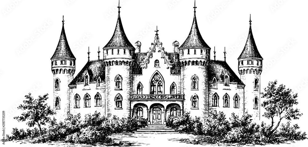 Fototapeta premium Antique engraved fairytale castle with multiple turrets and formal facade for historical background or poster and book design