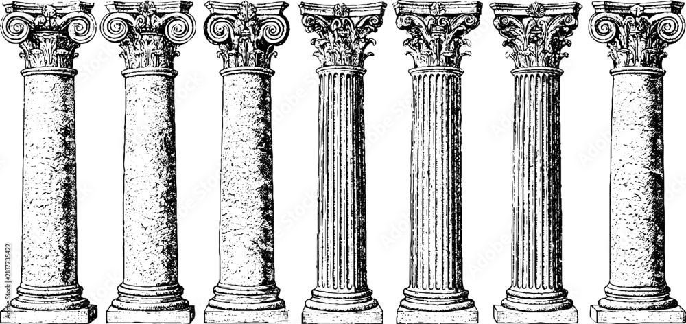 Obraz premium Antique engraved set of classical column pillars with varied capitals isolated on white for architectural background and restoration banner design