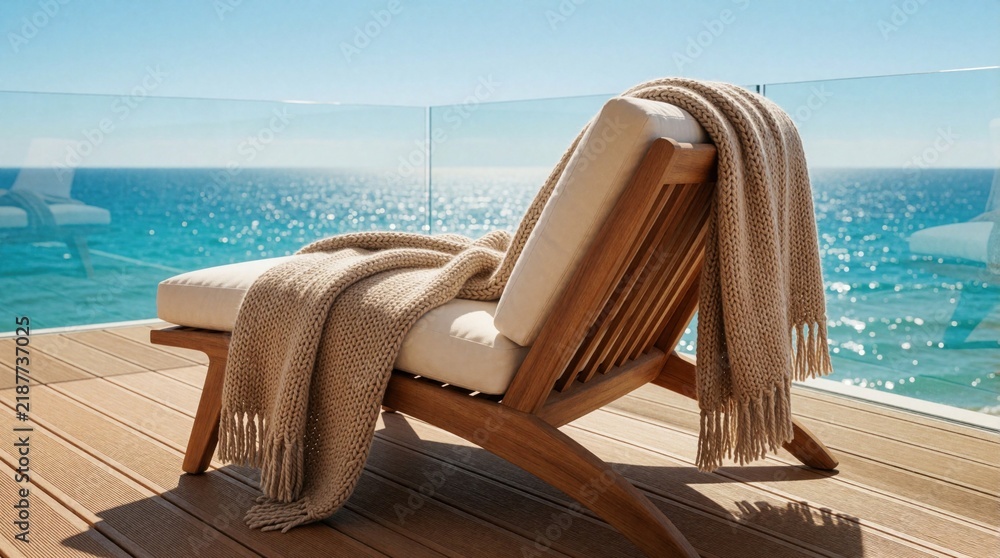 Fototapeta premium A cozy wooden chair with a warm blanket awaits on a sunlit balcony. The chair offers a perfect view of the sparkling blue ocean and sky. Ideal for relaxation and vacation.