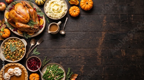 Traditional Thanksgiving turkey dinner. Top down view corner border on a dark wood banner background with copy space. Turkey, mashed potatoes, dressing, pumpkin pie and sides.