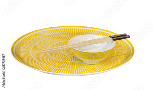Принти на полотні Yellow porcelain plate with chopsticks for sushi isolated