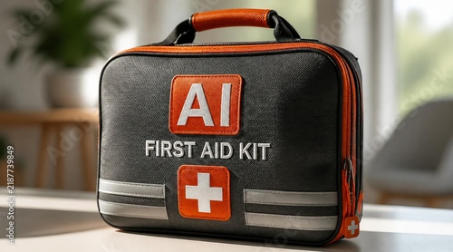 Flat lay composition with first aid kit and space for text on wooden background