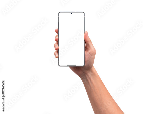 A hand showing an Android smartphone with a blank screen, isolated on a transparent background. Ideal concept for mobile applications, digital communication, and online marketing mockups.