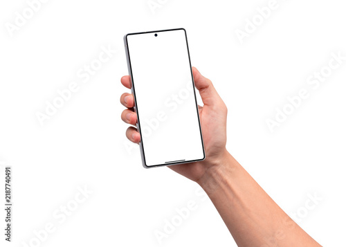 A hand holding an Android smartphone with a blank screen, isolated on a transparent background. Ideal concept for mobile applications, digital communication, and online marketing mockups.