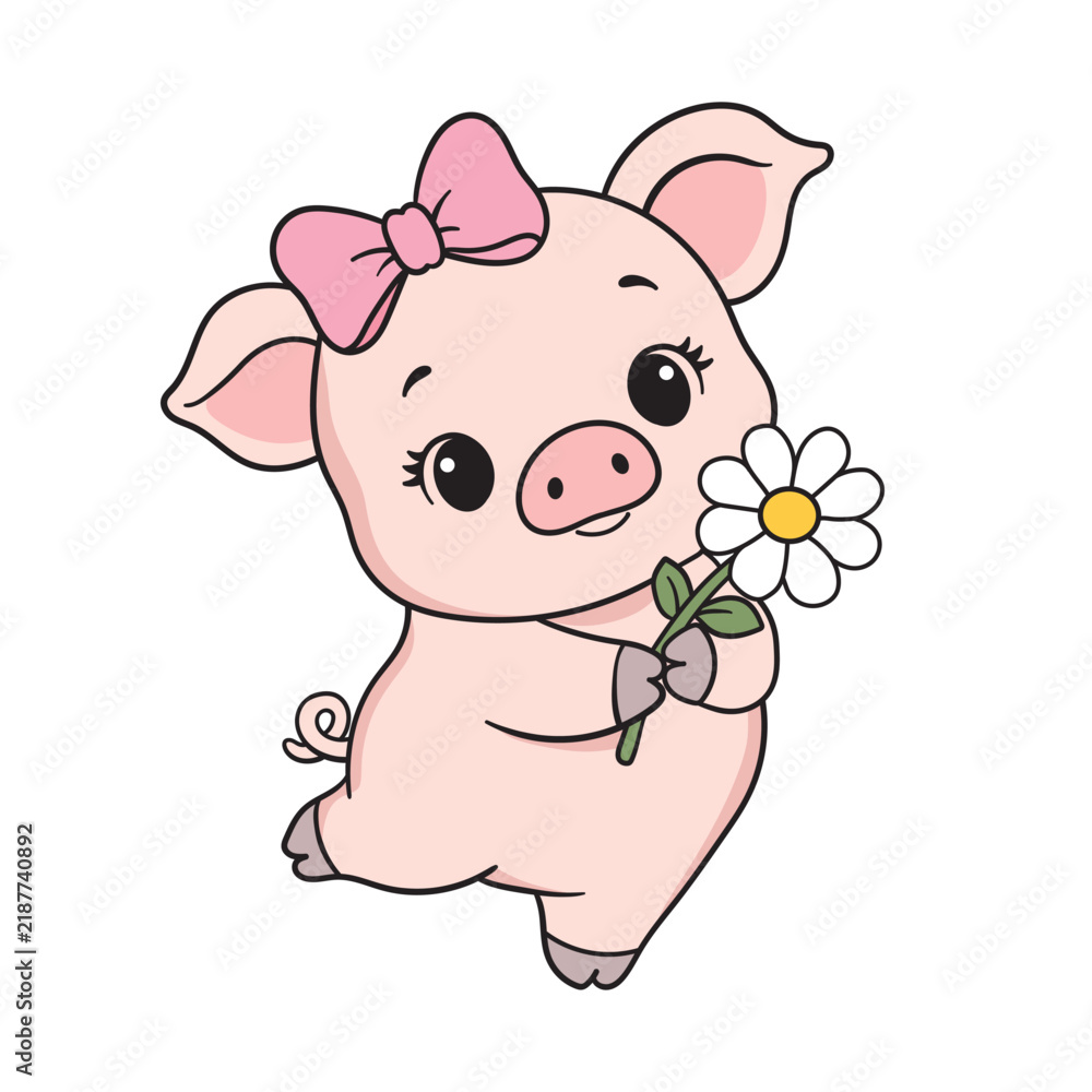 Fototapeta premium Cute cartoon pig girl holding a daisy flower. Vector illustration of a happy little pink piggy character with a bow, isolated on a white background