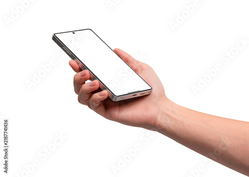 A hand holding an Android smartphone with a blank screen, isolated on a transparent background. Ideal concept for mobile applications, digital communication, and online marketing mockups.