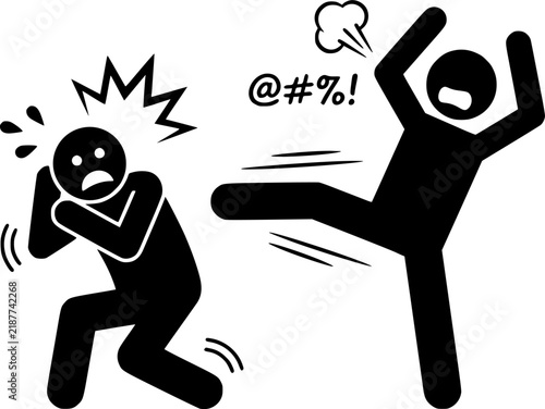 Fotografía Angry Man Kicking and Attacking Scared Victim Physical Abuse Concept Stick Figur