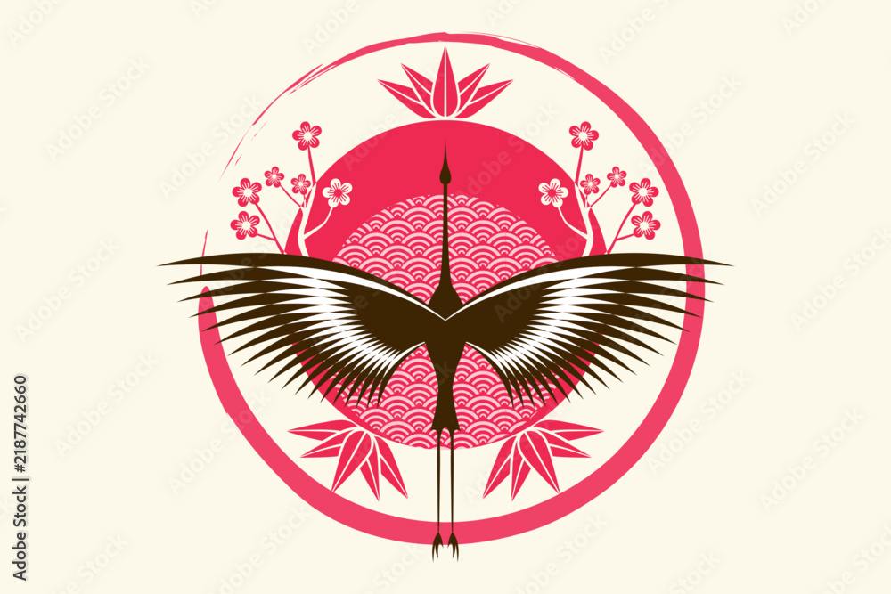 Fototapeta premium stylized heron logo design, Japanese style. Abstract flying bird or stork symbol template with floral decoration, suitable for your brand, vector illustration isolated on white retro background