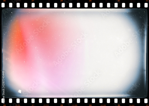 35mm photo film strip with red glare, white dusts and scratches and strong lens vignetting, A4 aspect ratio page template with transparent background (PNG image)