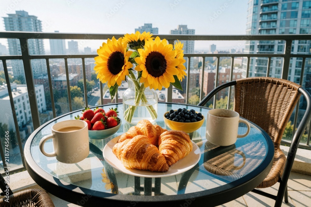 Fototapeta premium Outdoor breakfast on balcony with sunflowers, croissants, berries, and coffee. City view from apartment terrace. Morning light sets a cozy lifestyle vibe for relaxed start.