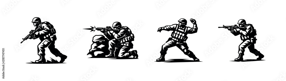 Obraz premium Military soldiers in action silhouettes, black and white vector illustrations of armed forces