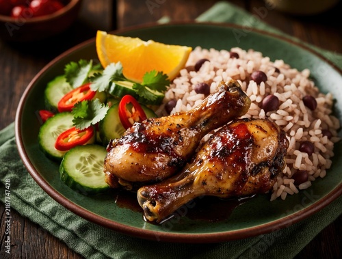 Tender jamaican jerk chicken drumsticks with rice and peas  garnished with cucumber  chili  cilantro and orange slice. Savory meal served on rustic table.