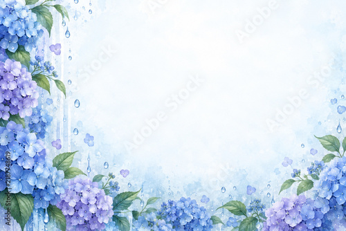 青と紫の紫陽花が縁を飾る涼やかな水彩フレーム