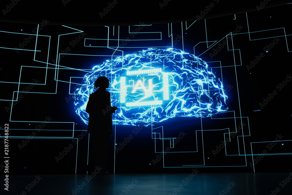 Fototapeta premium Machine learning and AI technology develop rapidly as a software developer works in a research lab, monitoring artificial intelligence evolution and neural network architecture in a research setting.