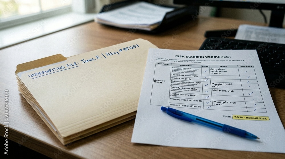 Obraz premium Underwriting file folder beside risk scoring worksheet - commercial insurance risk classification concept