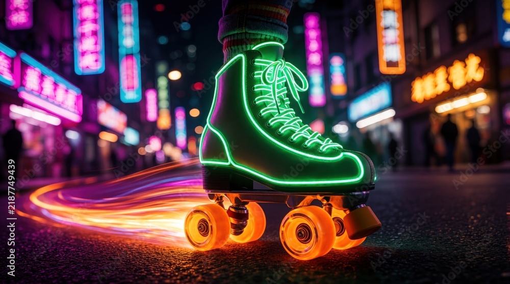 Obraz premium Neon green roller skate moves fast on city street at night, leaving fiery light trails. Blurred neon signs and buildings form vibrant urban background, suggesting energetic motion.