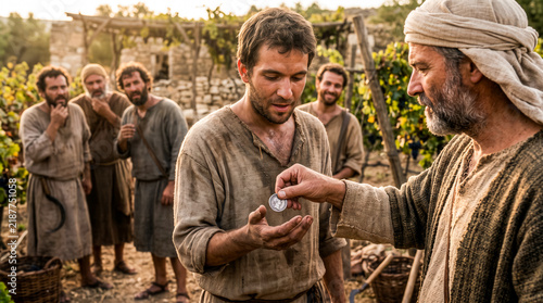 The landowner pays each worker one denarius. Those who work longer grumble because they want more.