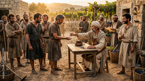 The landowner pays each worker one denarius. Those who work longer grumble because they want more.