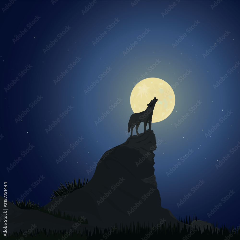 Obraz premium A scene of a wolf howling on a full moon night.