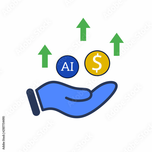 Hand holding AI and dollar coins with green arrows indicating financial growth and profit