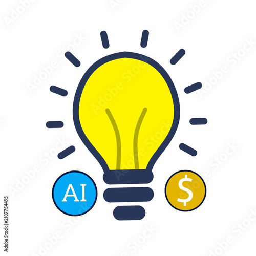 Glowing light bulb with AI and dollar sign symbols representing profitable tech innovation