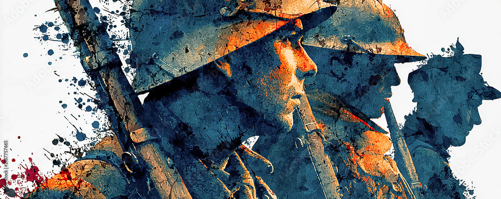 Obraz premium Soldiers standing in abstract art painting representing conflict. Ia