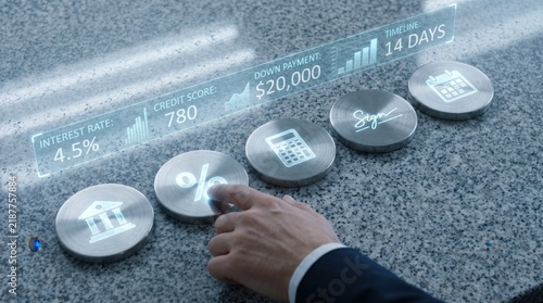 Hand interacting with banking loan icons of bank building, percentage sign, calculator, signature line, and calendar for mortgage processing and credit score evaluation