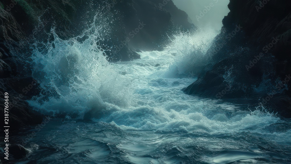 Fototapeta premium Powerful waves crashing through a rocky cove