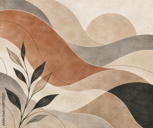 Abstract Earth Tone Landscape with Flowing Hills, Botanical Leaves and Minimal Sun