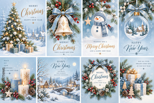 Watercolor Christmas and New Year Greeting Card Collection with Winter Holiday Designs
