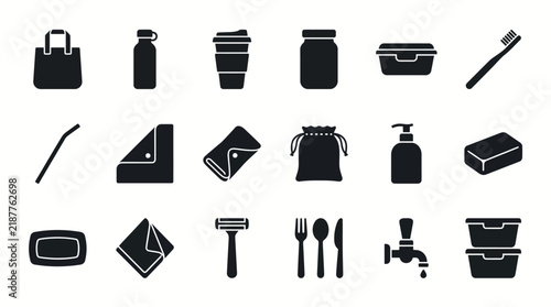 Vector Set of Sustainable Zero Waste Lifestyle Icons Featuring Eco-Friendly Reusable Kitchen and Bathroom Accessories for Green Living
