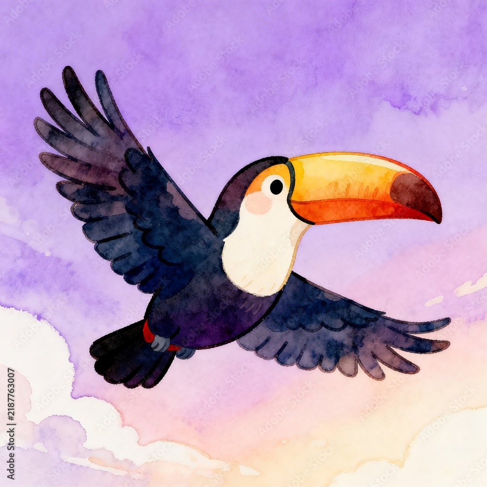 Obraz premium Cute Cartoon Toucan Flying Against Pastel Sky Background