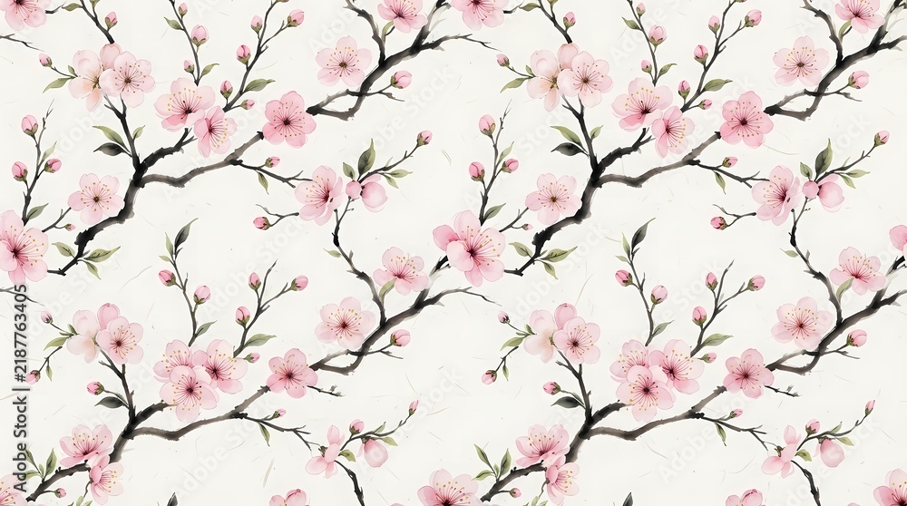 Fototapeta premium Seamless pattern with pink cherry blossom flowers on white background for textile design