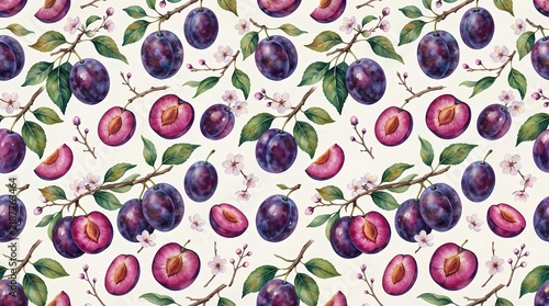 Seamless pattern of watercolor plums and white flowers on a light background